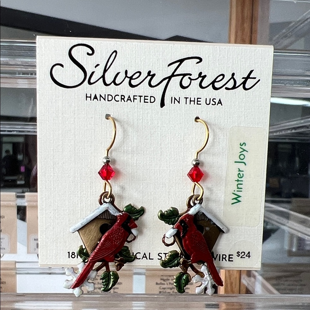 Silver Forest Red Cardinal Birdhouse Earrings
